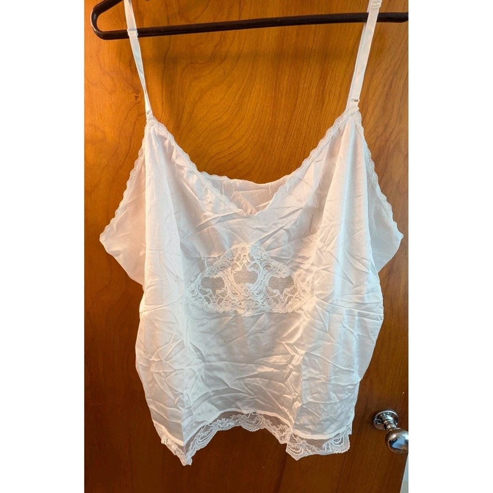 Women's Vintage 1970s Plus White Nylon Silky Camisole Top Lace Accent Size 4X